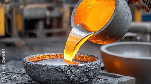 Molten metal is skillfully poured into a mold, showcasing the intricate process of metalworking and casting in industry.