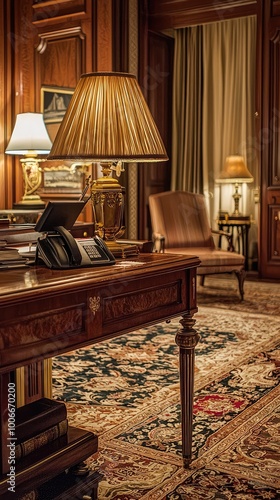 Elegant office interior featuring a luxurious desk, stylish lamps, and a beautiful rug, evoking classic sophistication.