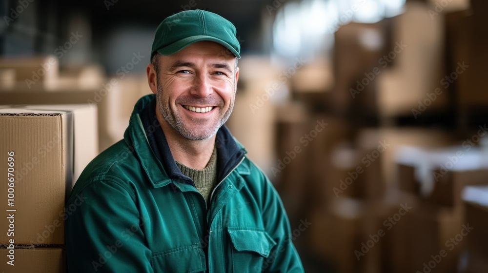 Warehouse Employee in Green Uniform, Smiling Warehouse Employee in Green Uniform, Smiling