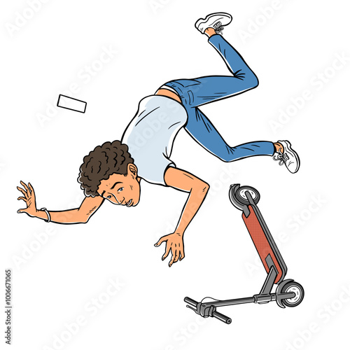 Cartoon vector illustration of a boy falling off a scooter. Road accident, injury, and careless driving concept. Hand-drawn outline. Isolated on white background