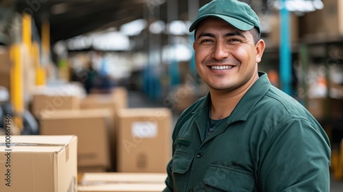 Smiling Warehouse Worker in Green Uniform