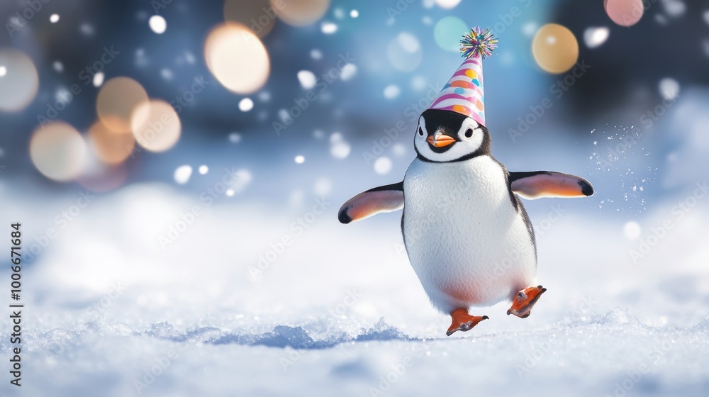 Penguin wearing a birthday hat, running happily across the icy snow, celebrating with a cute and playful winter backdrop. Penguin wearing a birthday hat, running happily across the icy snow, celebrating with a cute and playful winter backdrop.