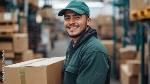 Smiling Warehouse Worker in Green Uniform with Packages