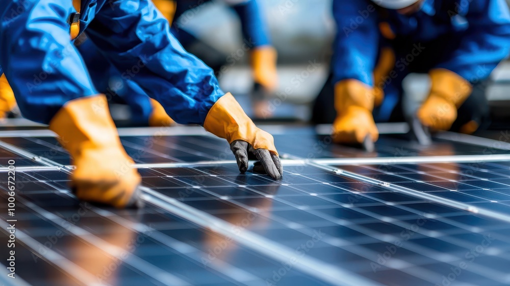 Fototapeta premium Technicians installing solar panels.