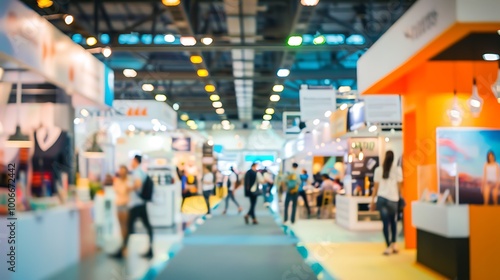 A busy exhibition hall with various booths and visitors engaging in activities.