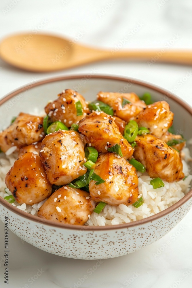 Close-Up of Teriyaki Chicken Rice Bowl with Green Onions Close-Up of Teriyaki Chicken Rice Bowl with Green Onions