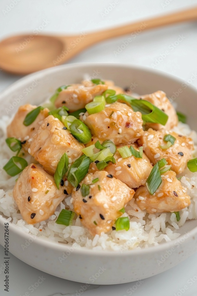 Close-Up of Teriyaki Chicken Rice Bowl with Green Onions Close-Up of Teriyaki Chicken Rice Bowl with Green Onions