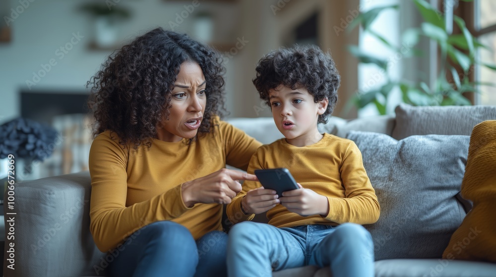 Mother scolding son using smartphone at home Mother scolding son using smartphone at home