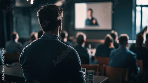 Businessman watching presentation on big screen during conference meeting