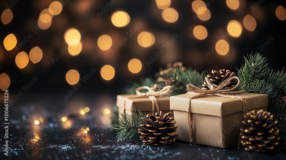 Festive Christmas and New Year Background Featuring Gift Boxes, Pine Cones, and Branches Surrounded by Beautiful Bokeh Garlands Festive Christmas and New Year Background Featuring Gift Boxes, Pine Cones, and Branches Surrounded by Beautiful Bokeh Garlands