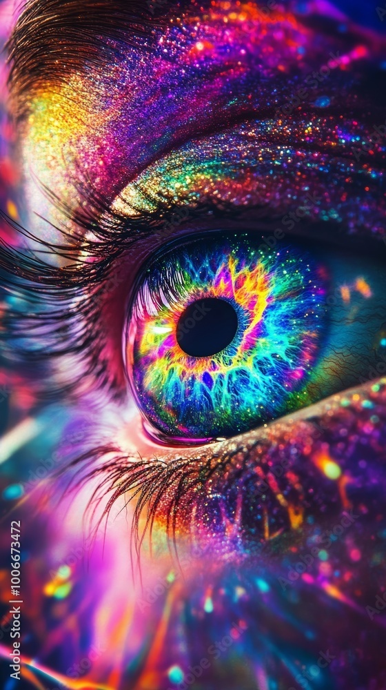 Naklejka premium Colorful eye close-up with neon lights, vibrant art concept
