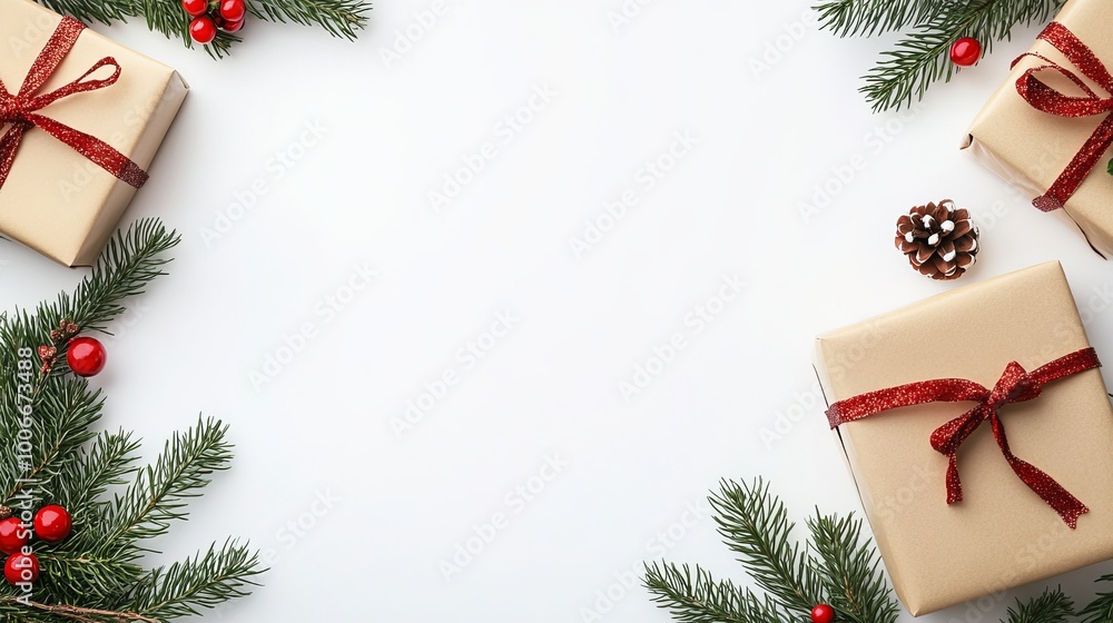 Festive Christmas and New Year Holiday Background with Gifts and Decorations in Flat Lay Style on White Surface Festive Christmas and New Year Holiday Background with Gifts and Decorations in Flat Lay Style on White Surface