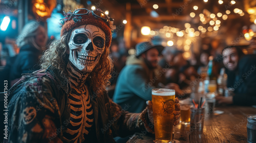 a guy wearing a skeleton costume drinking beer with his friends at a halloween party a guy wearing a skeleton costume drinking beer with his friends at a halloween party