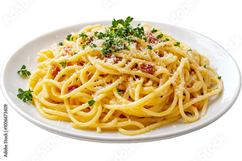 Pasta Carbonara in a plate on a transparent background