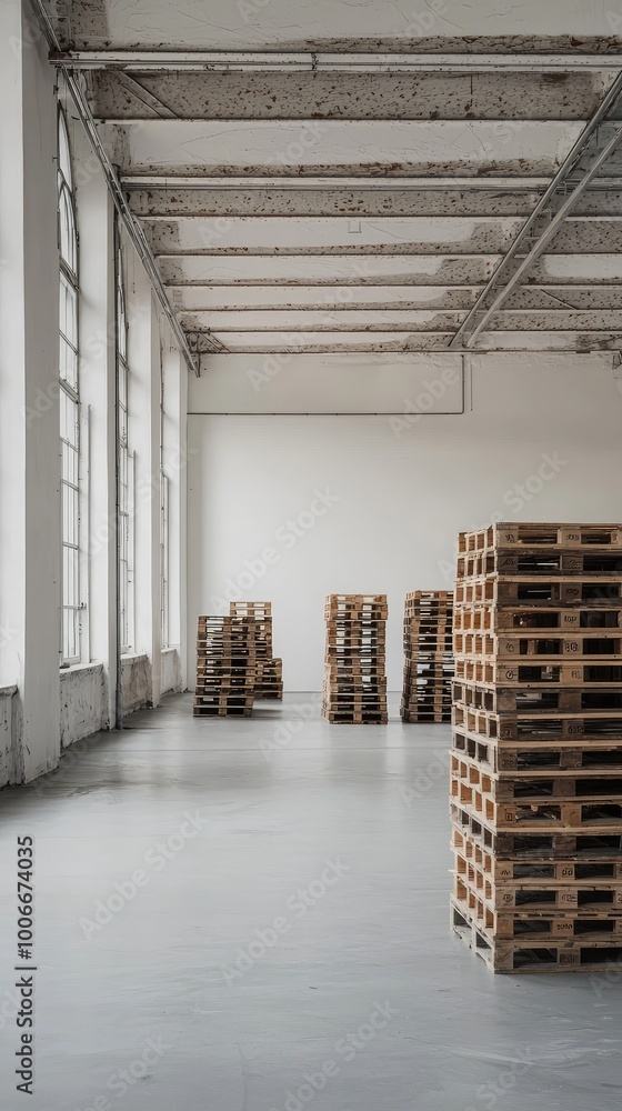 Empty warehouse space featuring wooden pallets stacked neatly, ideal for storage, industrial projects, or minimalistic design. Empty warehouse space featuring wooden pallets stacked neatly, ideal for storage, industrial projects, or minimalistic design.