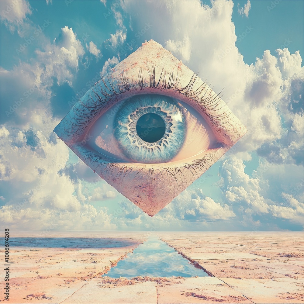 Surreal Giant Blue Eye in a Dreamlike Landscape with Clouds Stock ...
