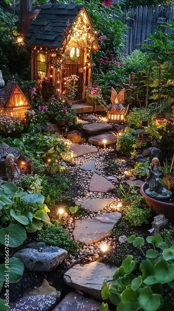 Enchanting garden path illuminated by fairy lights, leading to a charming cottage surrounded by vibrant plants and flowers. Enchanting garden path illuminated by fairy lights, leading to a charming cottage surrounded by vibrant plants and flowers.