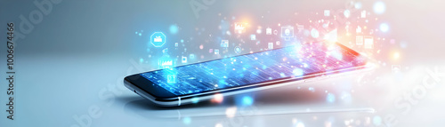 Wallpaper Mural Smartphone Levitating Above Surface with Holographic Business Planning and Compliance Icons - Symbolizing Strategic Decision Making and Responsibility in Corporate Environment Torontodigital.ca