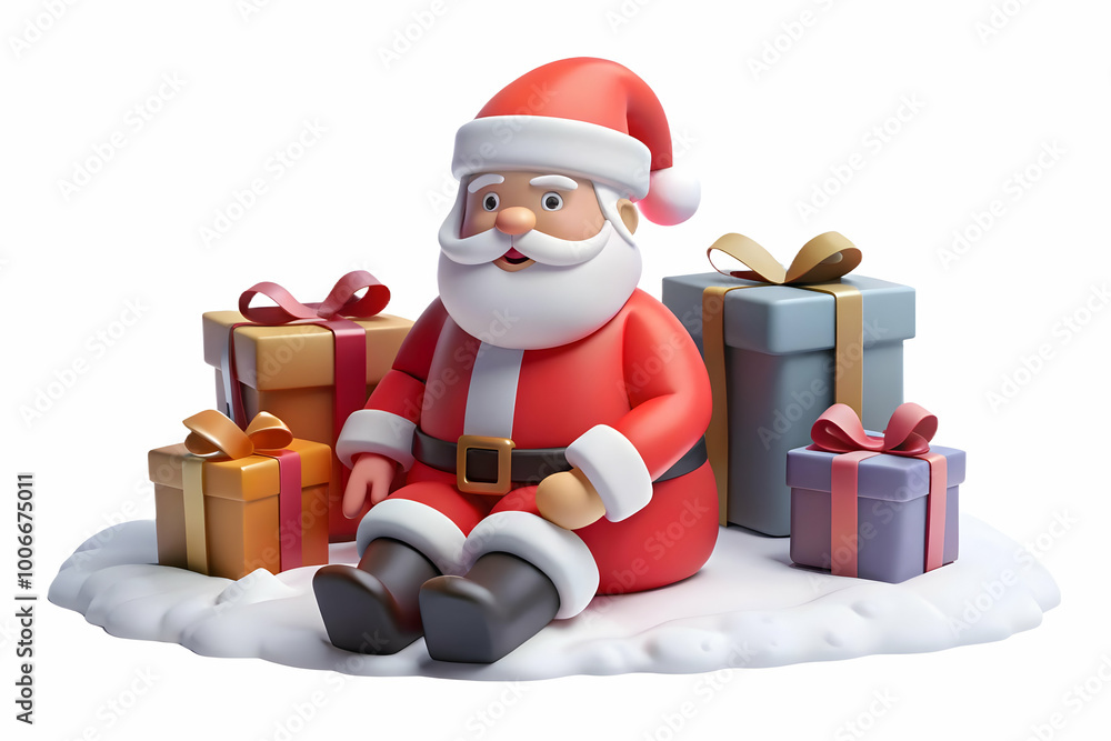 3D Santa Kneeling Beside Wrapped Gifts in Snowy Landscape - Serene Holiday Scene for Advertising and Promotions 3D Santa Kneeling Beside Wrapped Gifts in Snowy Landscape - Serene Holiday Scene for Advertising and Promotions