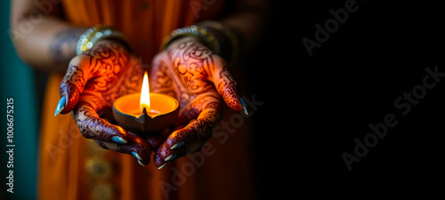 Glowing diyas meet stunning henna art! A woman's graceful hands showcase beautiful Henna art holding oil lamp, perfect for Diwali celebrations and cultural inspiration. Festival of lights. Copy Space