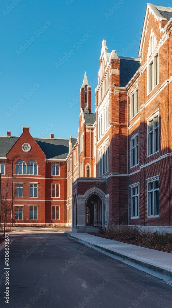 Fototapeta premium Historic brick building on a sunny day, showcasing classic architecture and serene atmosphere ideal for educational settings.