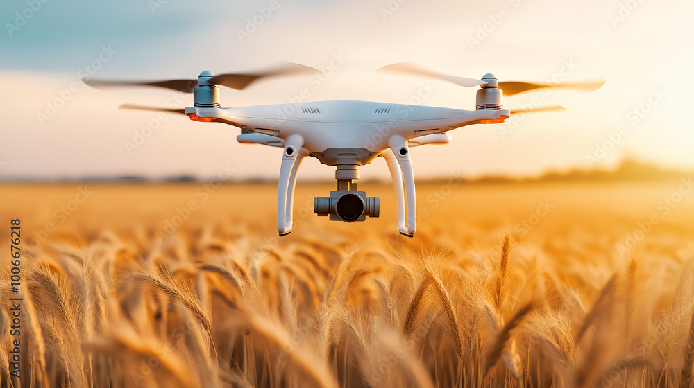 A white drone hovers over a field of wheat, with the sun setting in the background.