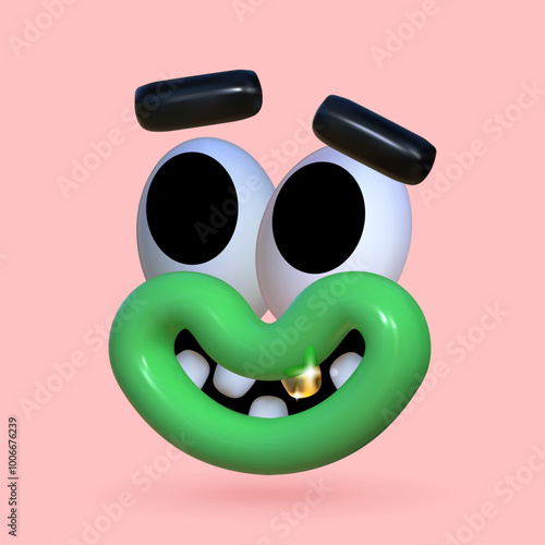 Funny 3D face. Playful inflatable character with a wide smile, metal tooth, reflective texture.