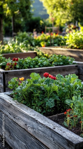 Lush garden beds filled with vibrant vegetables and flowers, showcasing the beauty of nature and sustainable gardening practices.