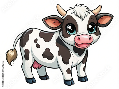 cute little cow with black and white spots, big expressive eyes, and playful smile. This charming character embodies joy and innocence, perfect for childrens illustrations or farm themed designs photo