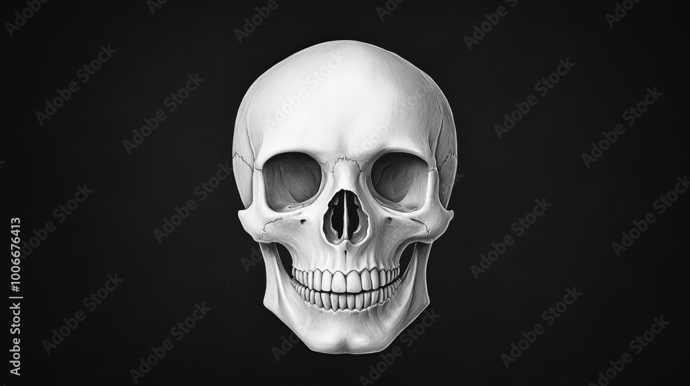 Realistic human skull on a black background, showcasing detailed features. Realistic human skull on a black background, showcasing detailed features.