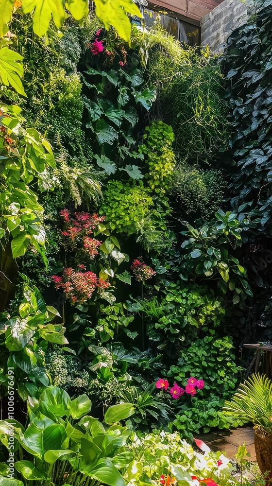 Lush vertical garden showcasing a variety of vibrant plants, creating a serene and inviting green space. Lush vertical garden showcasing a variety of vibrant plants, creating a serene and inviting green space.