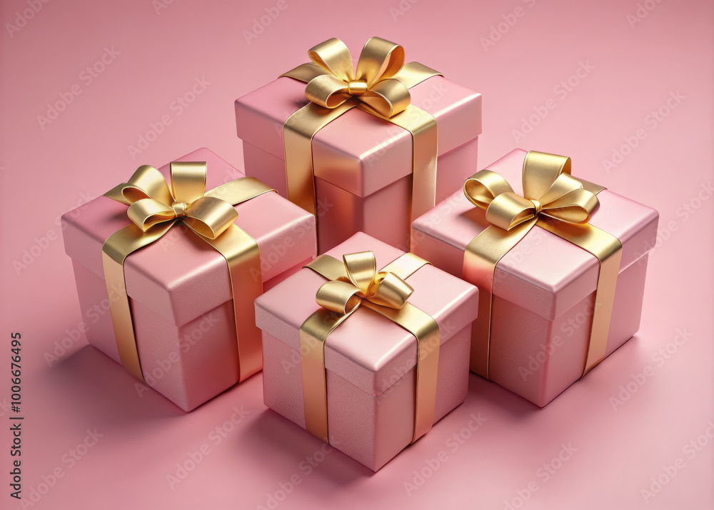 Elegant pink gift boxes with golden ribbons are beautifully arranged on soft pink background, creating delightful and festive atmosphere perfect for celebrations Elegant pink gift boxes with golden ribbons are beautifully arranged on soft pink background, creating delightful and festive atmosphere perfect for celebrations