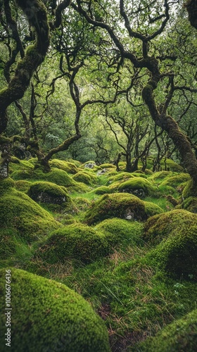 Lush green moss blankets the forest floor, surrounded by twisted trees, creating a serene and enchanting woodland scene.