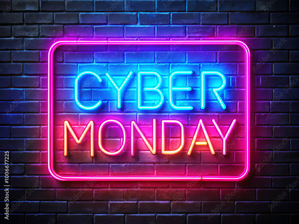 Obraz premium Cyber Monday neon sign glowing brightly against dark brick wall, creating vibrant and modern atmosphere. Perfect for promotions and sales events