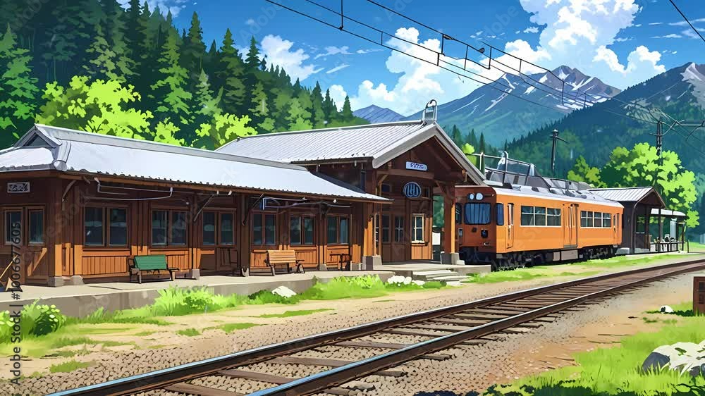 A vibrant orange train rests at a scenic wooden station surrounded by lush greenery and mountains, embodying a tranquil rural atmosphere, lofi style manga cozy chill relaxing generation ai A vibrant orange train rests at a scenic wooden station surrounded by lush greenery and mountains, embodying a tranquil rural atmosphere, lofi style manga cozy chill relaxing generation ai
