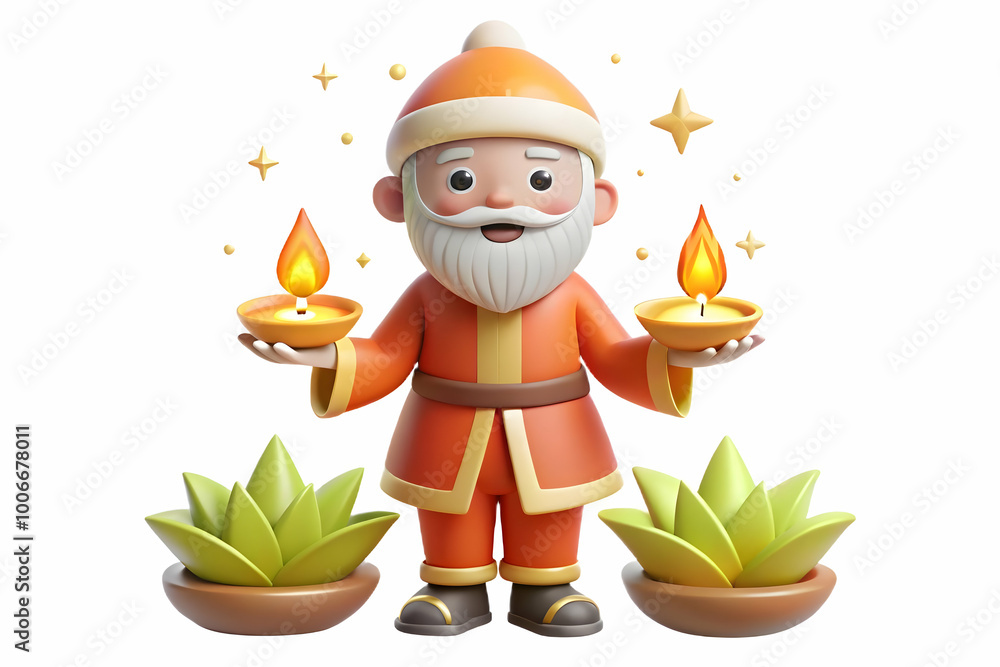 Fototapeta premium Flat Santa with Krathong and Glowing Elements - Capture Santa Beside a Krathong Surrounded by Glowing Features, Ideal for Festive Messaging