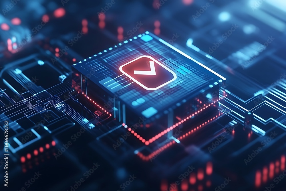A glowing checkmark icon embedded in a futuristic circuit, symbolizing digital approval, cybersecurity, and technological advancements in electronic systems. A glowing checkmark icon embedded in a futuristic circuit, symbolizing digital approval, cybersecurity, and technological advancements in electronic systems.
