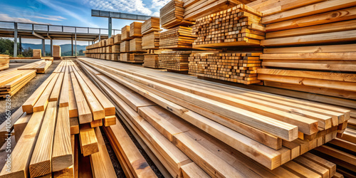 Lumber stacked neatly in yard, showcasing various lengths and types of wood. warm tones of timber contrast beautifully with blue sky, creating serene and organized atmosphere photo