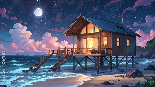 A serene wooden house on stilts by the moonlit beach, reflecting tranquility and natural beauty in the night sky, lofi style manga cozy chill relaxing created with generation ai