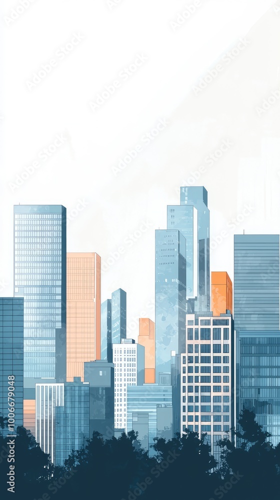 Fototapeta premium Modern city skyline featuring various skyscrapers and buildings in a vibrant urban landscape under a clear sky.