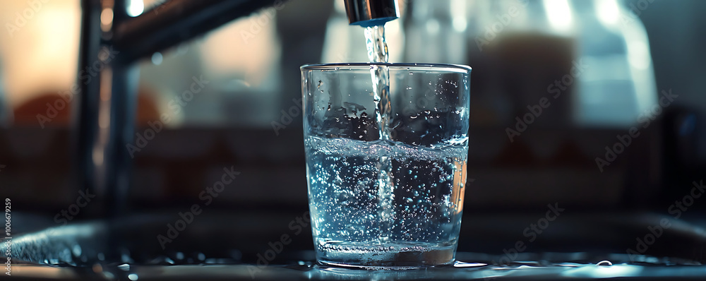 filling a glass with tap water in the kitchen with blurred background filling a glass with tap water in the kitchen with blurred background