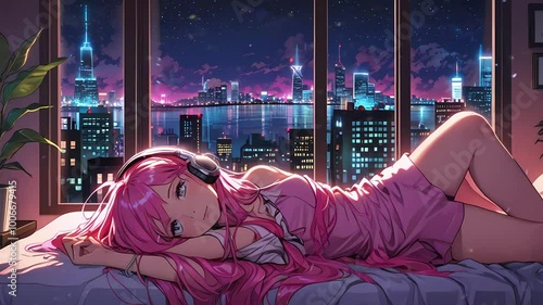 A young Asian woman with pink hair relaxes in her stylish apartment, overlooking a vibrant city skyline at night, wearing headphones, lofi style manga cozy chill relaxing created with generation ai