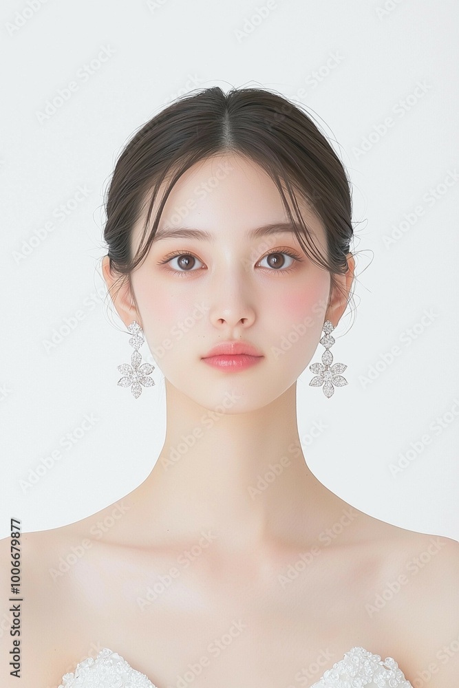 Elegant Portrait of a Woman with Flower Earrings and Glossy Lips Elegant Portrait of a Woman with Flower Earrings and Glossy Lips