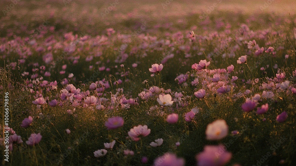 Beautiful Field of Pink and White Flowers at Sunset Beautiful Field of Pink and White Flowers at Sunset