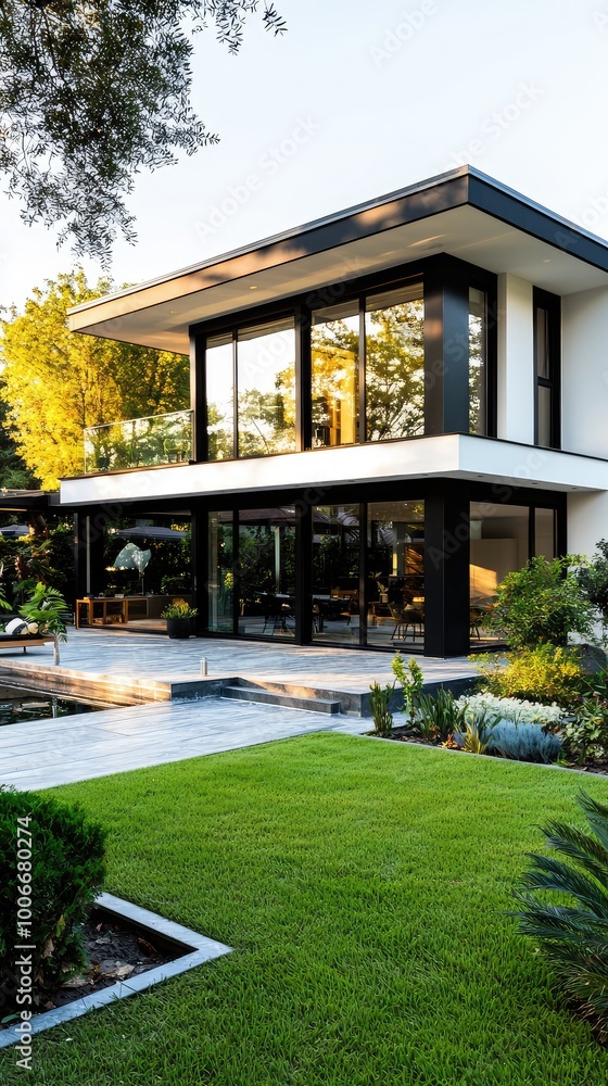 Modern house exterior with lush garden and swimming pool, showcasing contemporary architecture in a serene outdoor setting. Modern house exterior with lush garden and swimming pool, showcasing contemporary architecture in a serene outdoor setting.
