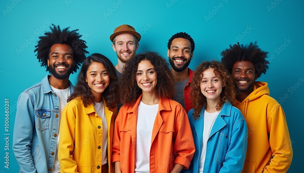 Portrait of smiling multicultural youth standing on blue background Portrait of smiling multicultural youth standing on blue background