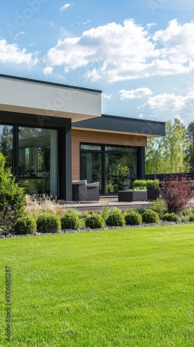 Modern house exterior with lush green lawn and sunny sky. A perfect blend of architecture and nature.