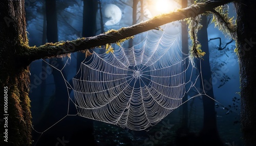 A delicate spider web glistens between tree branches under a softly glowing moonlit sky. Generative AI