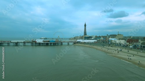 Aerial video of the beach and pier in Blackpool