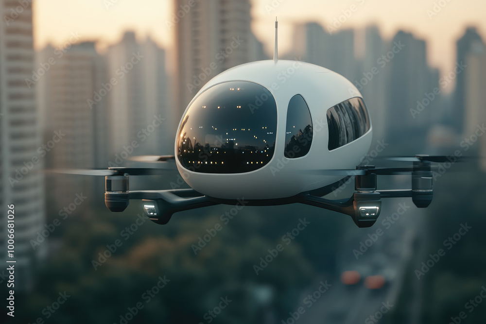 Fototapeta premium Futuristic Urban Flight, A low altitude view of advanced flying cars in a bustling cityscape, showcasing innovative transportation solutions and vibrant city life.
